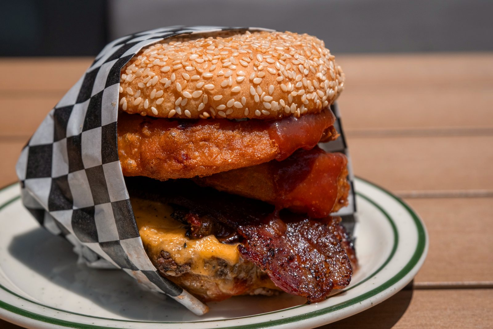 Western burger with bacon and onion rings